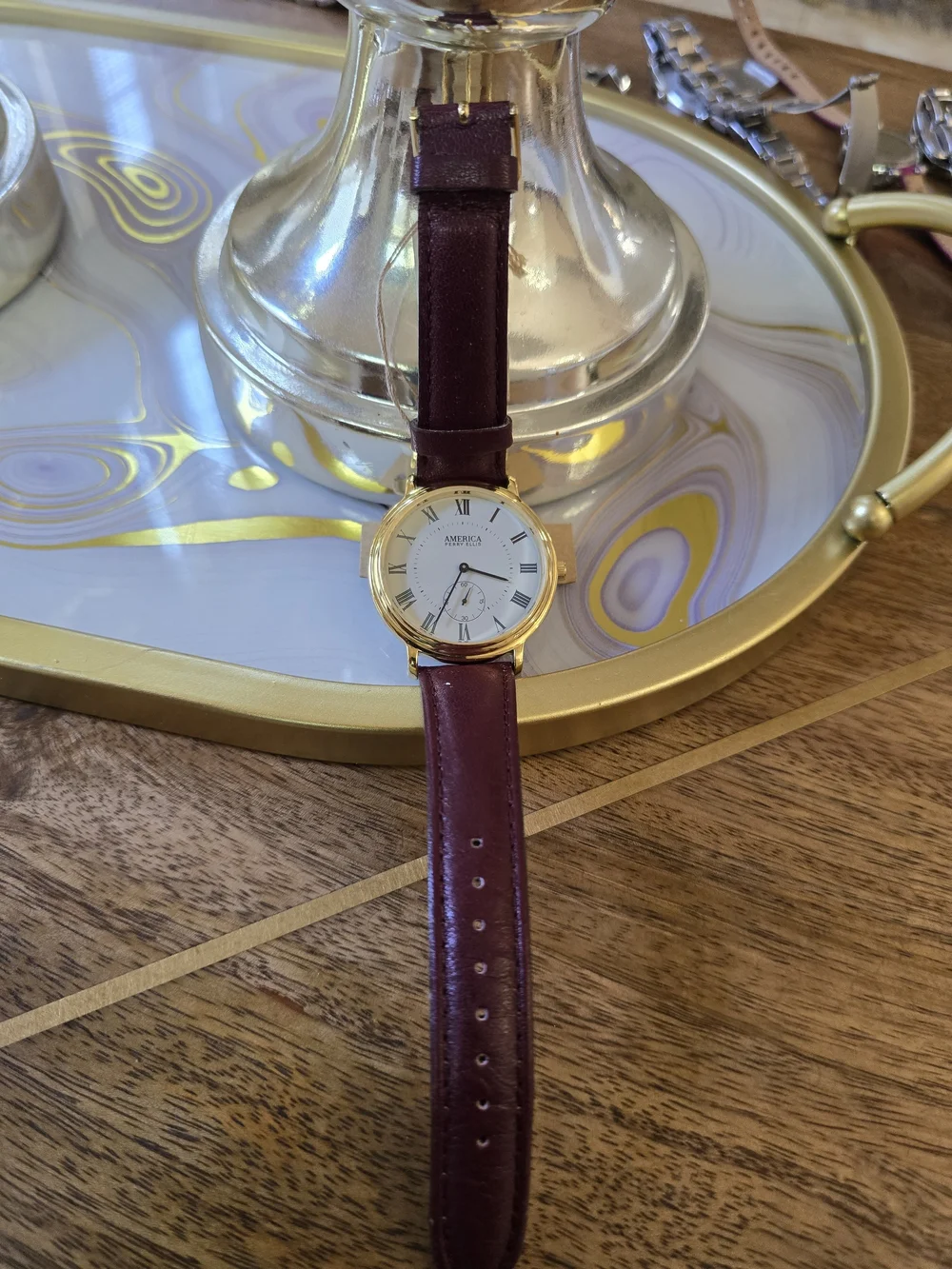 Perry Ellis Gold-Tone Case with Burgundy Leather Strap Watch